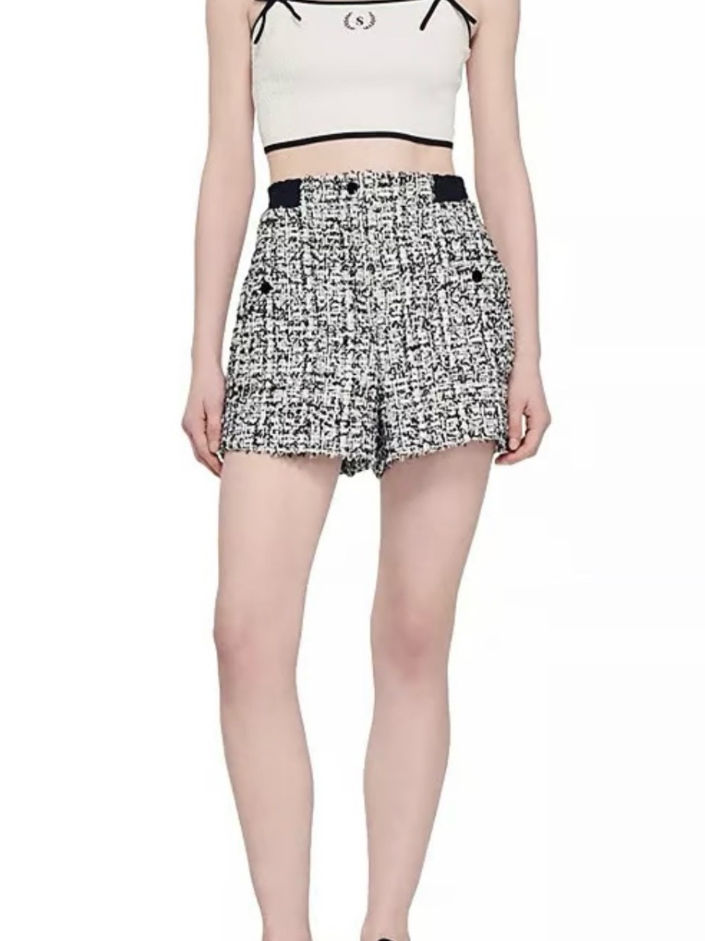 Sandro Darren  High-Waist Frayed Hem Shorts - Black & White